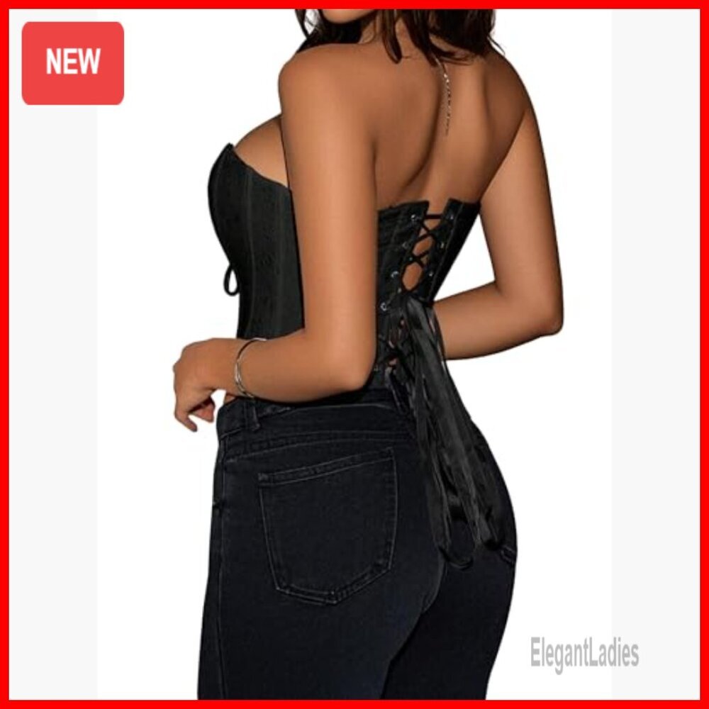 Strapless Backless Corset Top Lace-Up Bustier Crop Tank X-Large - Picture 3 of 7